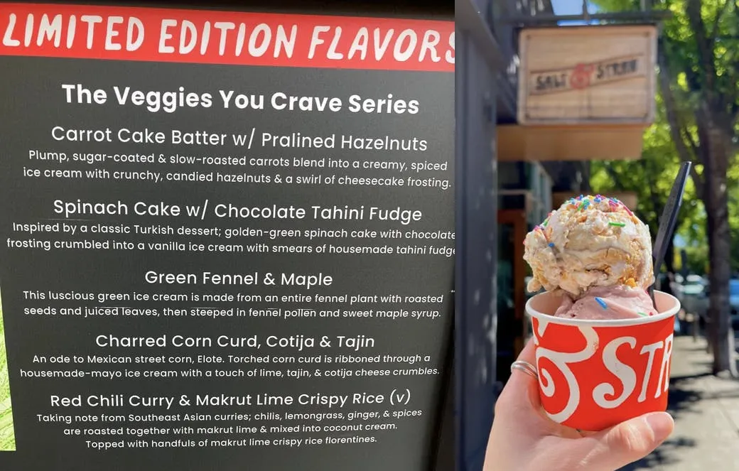 A Salt & Straw “Veggies You Crave” limited-edition flavor menu beside a hand holding a red cup of ice cream topped with sprinkles